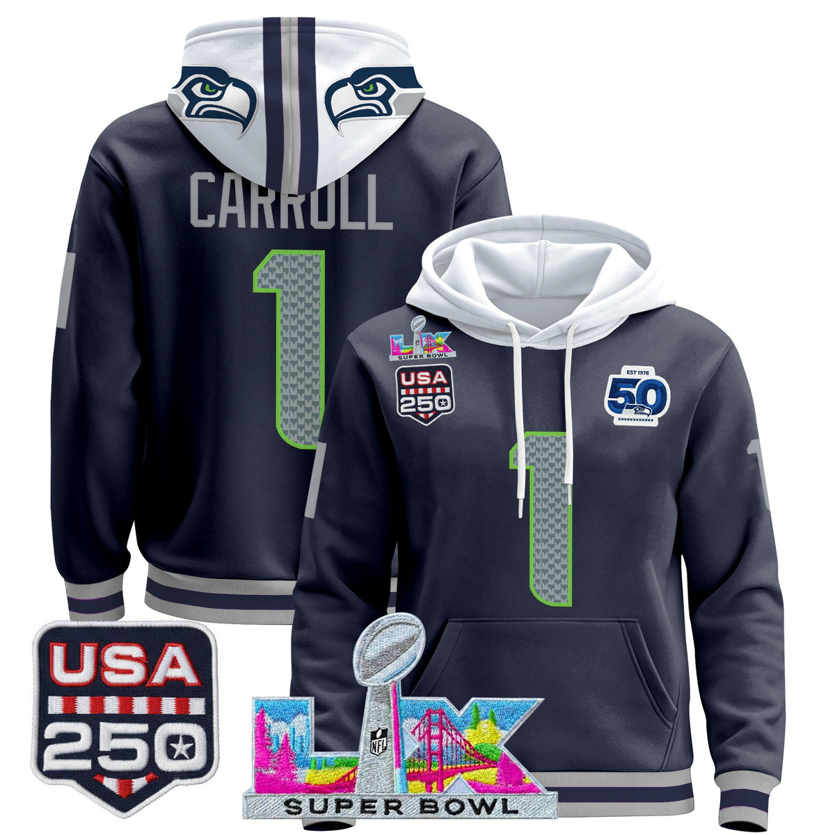 Men's Seattle Seahawks "Super Bowl LX & United States 250th Anniversary Patch" Premier Hoodie - All Stitched