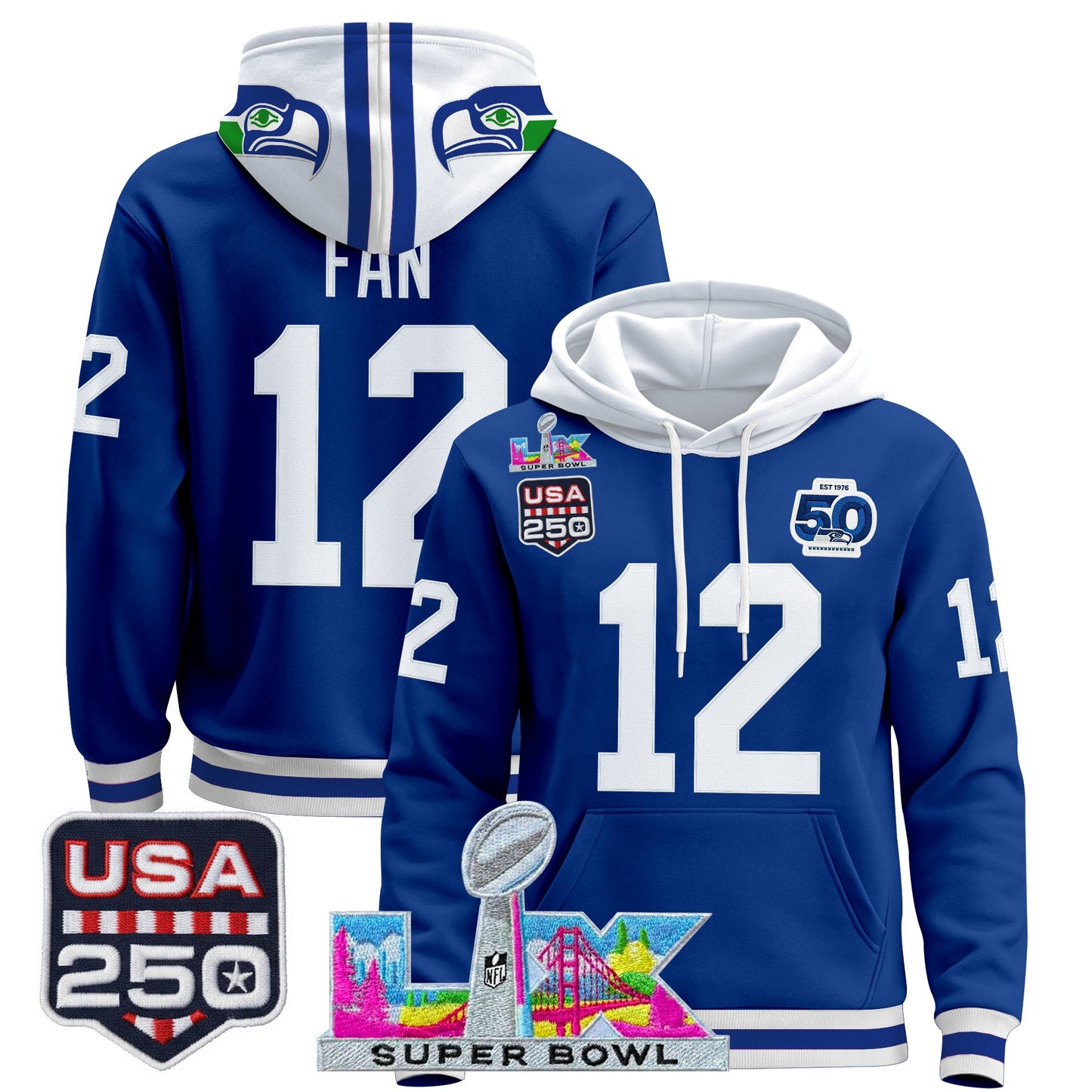 Men's Seattle Seahawks "Super Bowl LX & United States 250th Anniversary Patch" Premier Hoodie - All Stitched