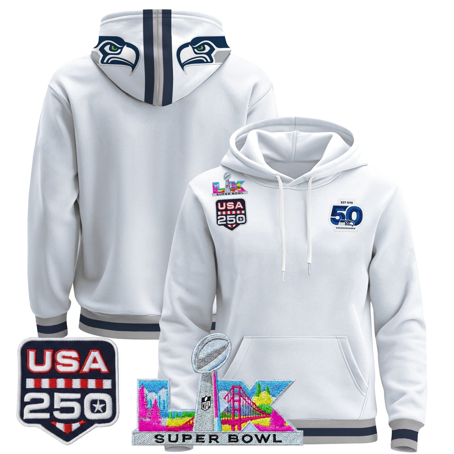 Men's Seattle Seahawks "Super Bowl LX & United States 250th Anniversary Patch" Premier Hoodie - All Stitched