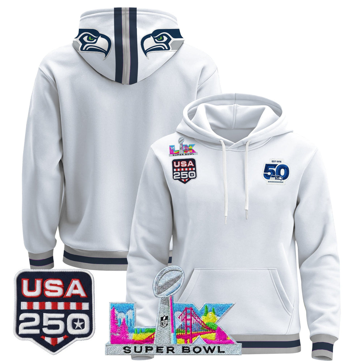 Men's Seattle Seahawks "Super Bowl LX & United States 250th Anniversary Patch" Premier Hoodie - All Stitched