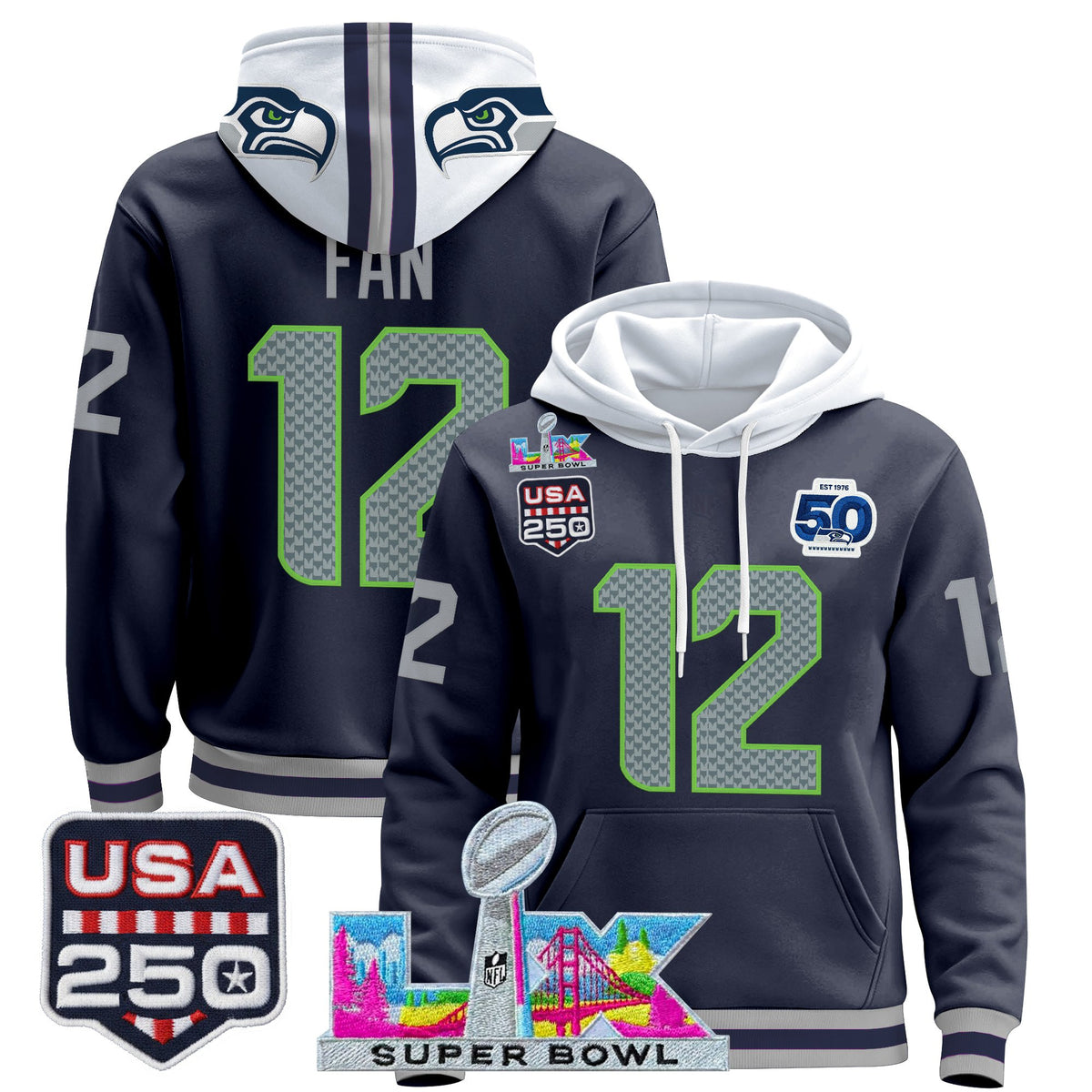 Men's Seattle Seahawks "Super Bowl LX & United States 250th Anniversary Patch" Premier Hoodie - All Stitched