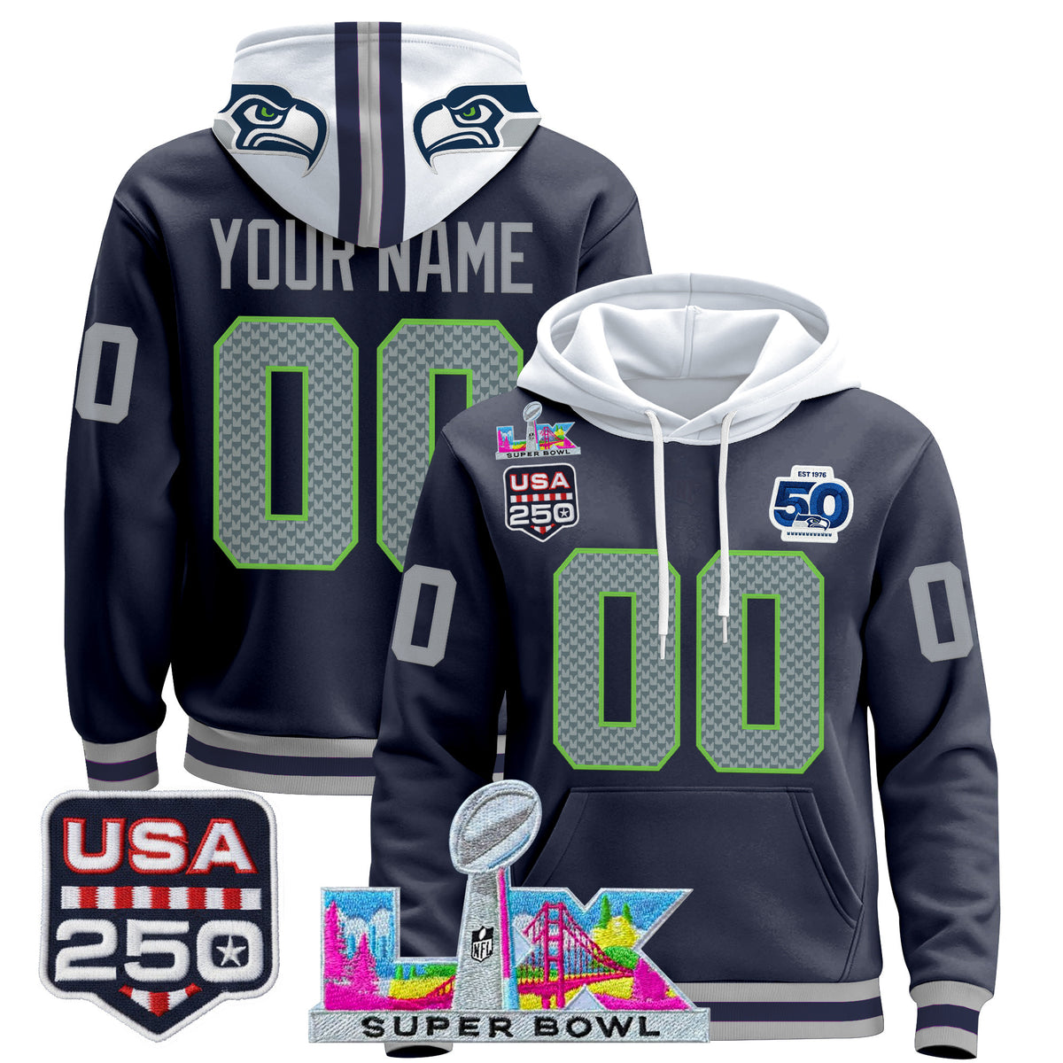 Seattle Seahawks "Super Bowl LX & United States 250th Anniversary Patch" Premier Custom Hoodie - All Stitched