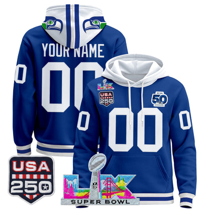 Seattle Seahawks "Super Bowl LX & United States 250th Anniversary Patch" Premier Custom Hoodie - All Stitched