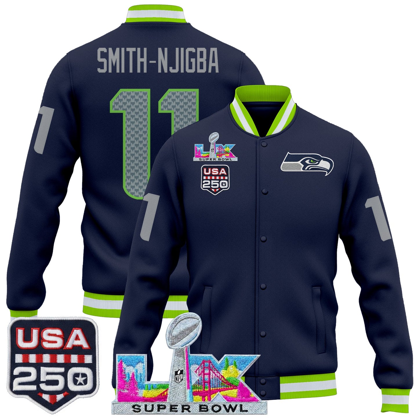 Men's Seattle Seahawks "Super Bowl LX & United States 250th Anniversary Patch" Jacket- All Stitched