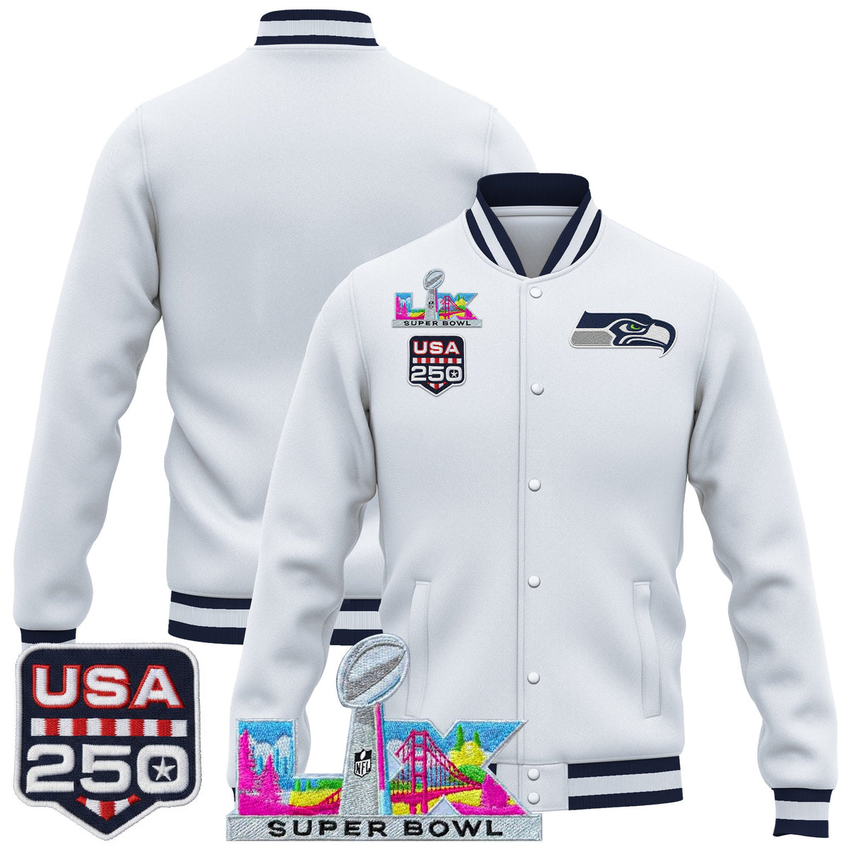 Men's Seattle Seahawks "Super Bowl LX & United States 250th Anniversary Patch" Jacket- All Stitched