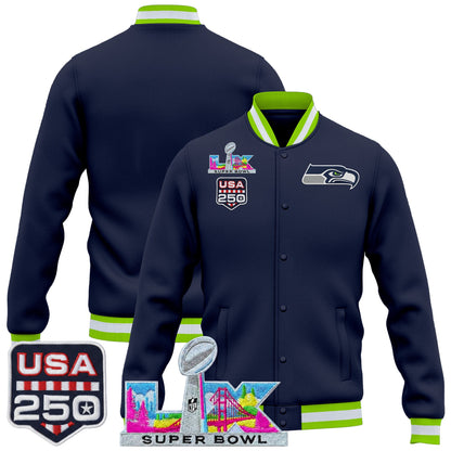 Men's Seattle Seahawks "Super Bowl LX & United States 250th Anniversary Patch" Jacket- All Stitched