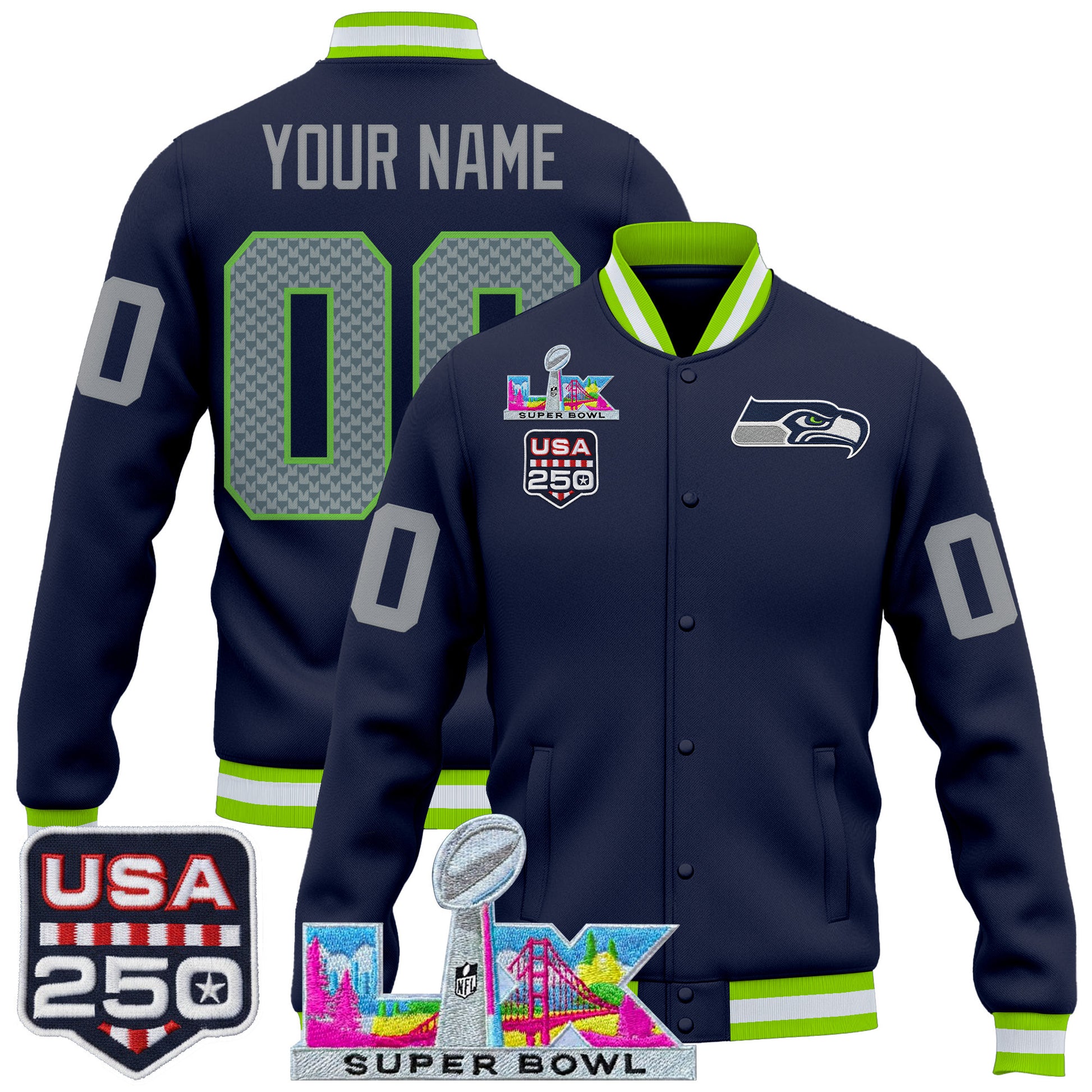 Seattle Seahawks "Super Bowl LX & United States 250th Anniversary Patch" Custom Jacket- All Stitched