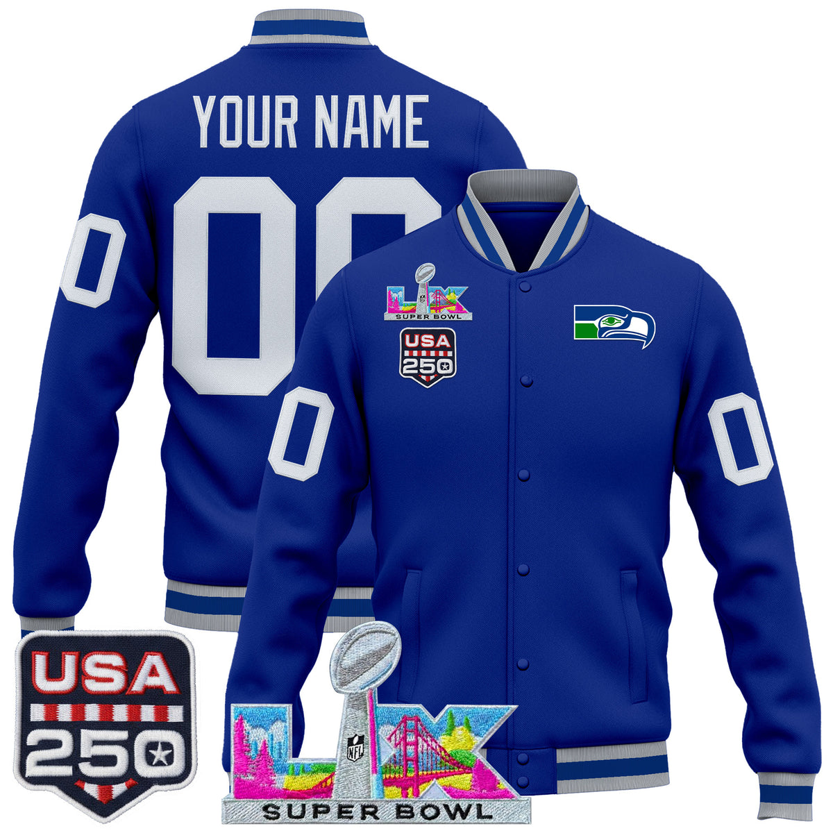 Seattle Seahawks "Super Bowl LX & United States 250th Anniversary Patch" Custom Jacket- All Stitched