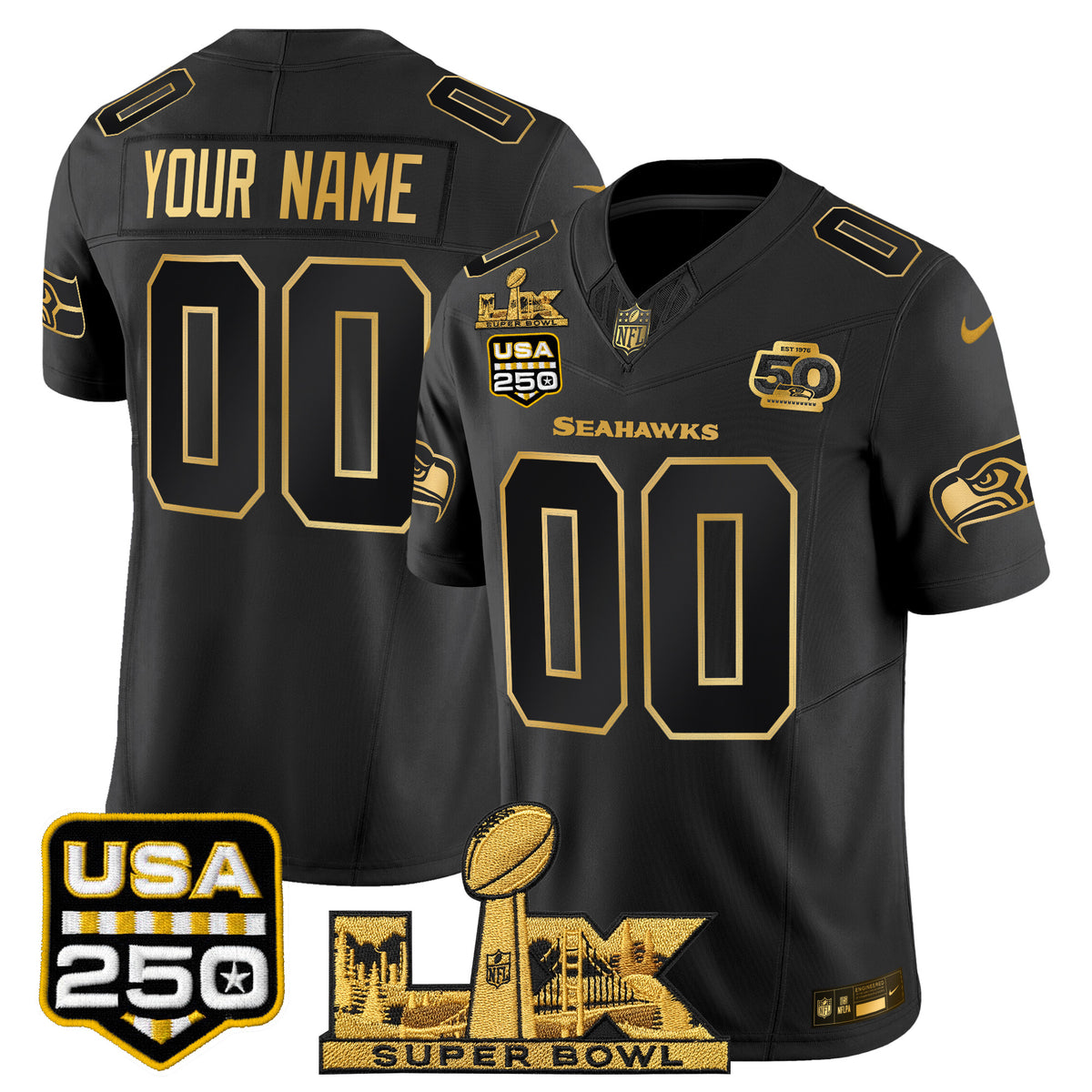 Seattle Seahawks "Super Bowl LX & United States 250th Anniversary Patch" Gold Vapor Limited Custom Jersey - Stitched