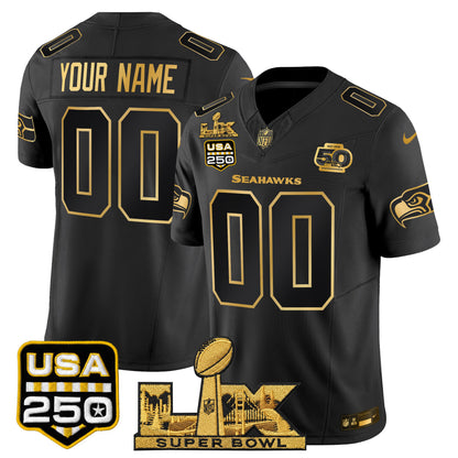 Seattle Seahawks "Super Bowl LX & United States 250th Anniversary Patch" Gold Vapor Limited Custom Jersey - Stitched