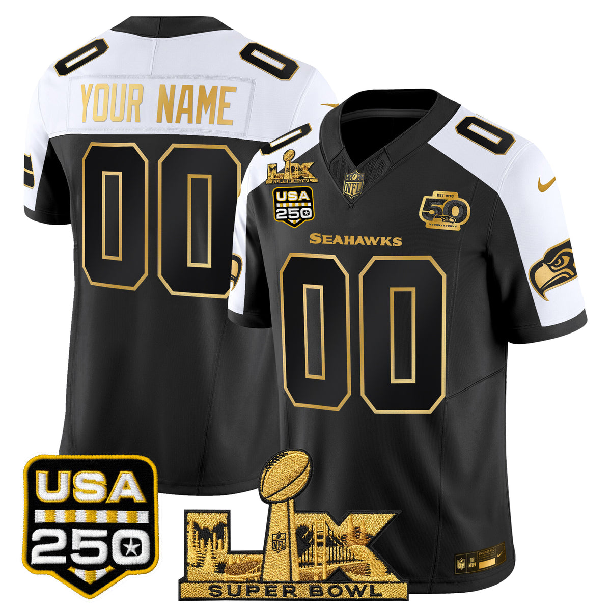Seattle Seahawks "Super Bowl LX & United States 250th Anniversary Patch" Gold Vapor Limited Custom Jersey - Stitched
