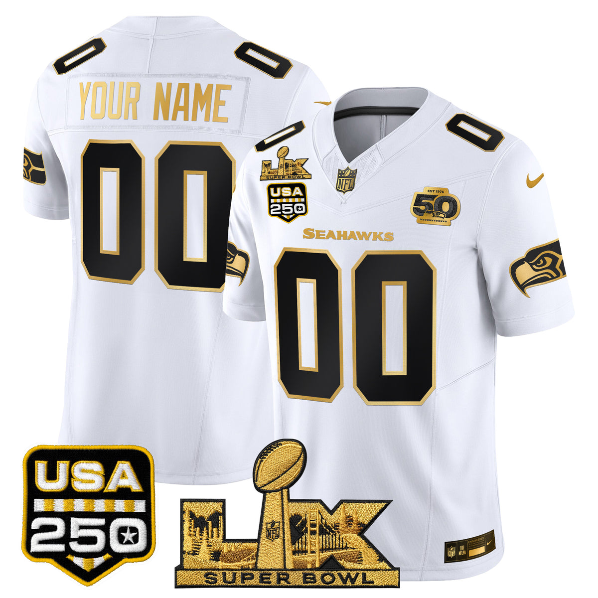 Seattle Seahawks "Super Bowl LX & United States 250th Anniversary Patch" Gold Vapor Limited Custom Jersey - Stitched