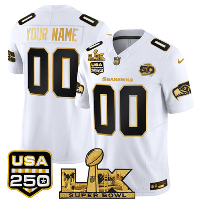 Seattle Seahawks "Super Bowl LX & United States 250th Anniversary Patch" Gold Vapor Limited Custom Jersey - Stitched