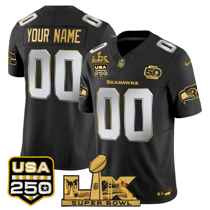 Seattle Seahawks "Super Bowl LX & United States 250th Anniversary Patch" Gold Vapor Limited Custom Jersey - Stitched