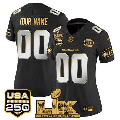 Seattle Seahawks "Super Bowl LX & United States 250th Anniversary Patch" Gold Vapor Limited Custom Jersey - Stitched