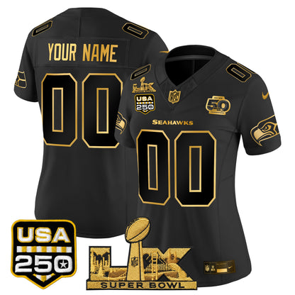 Seattle Seahawks "Super Bowl LX & United States 250th Anniversary Patch" Gold Vapor Limited Custom Jersey - Stitched