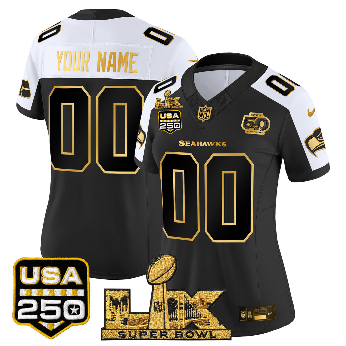 Seattle Seahawks "Super Bowl LX & United States 250th Anniversary Patch" Gold Vapor Limited Custom Jersey - Stitched