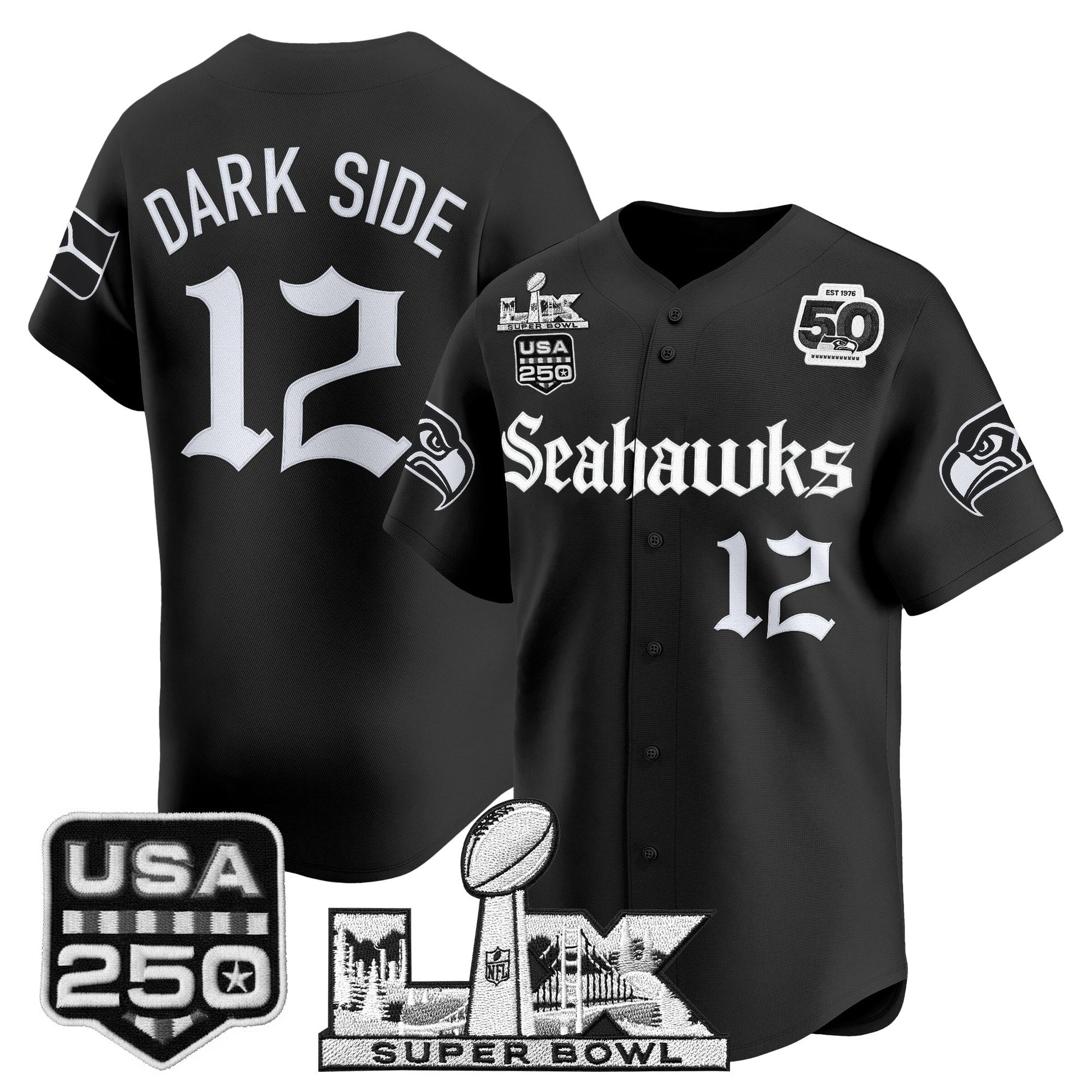 Seattle Seahawks “Super Bowl LX & 50th Patch” Vapor Baseball Jersey - Gothic Edition - Stitched