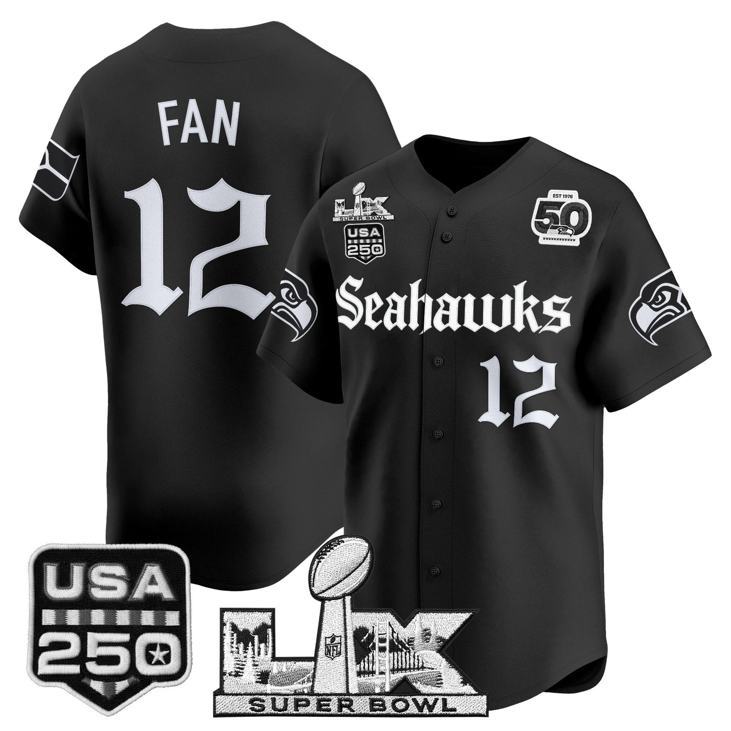 Seattle Seahawks “Super Bowl LX & 50th Patch” Vapor Baseball Jersey - Gothic Edition - Stitched