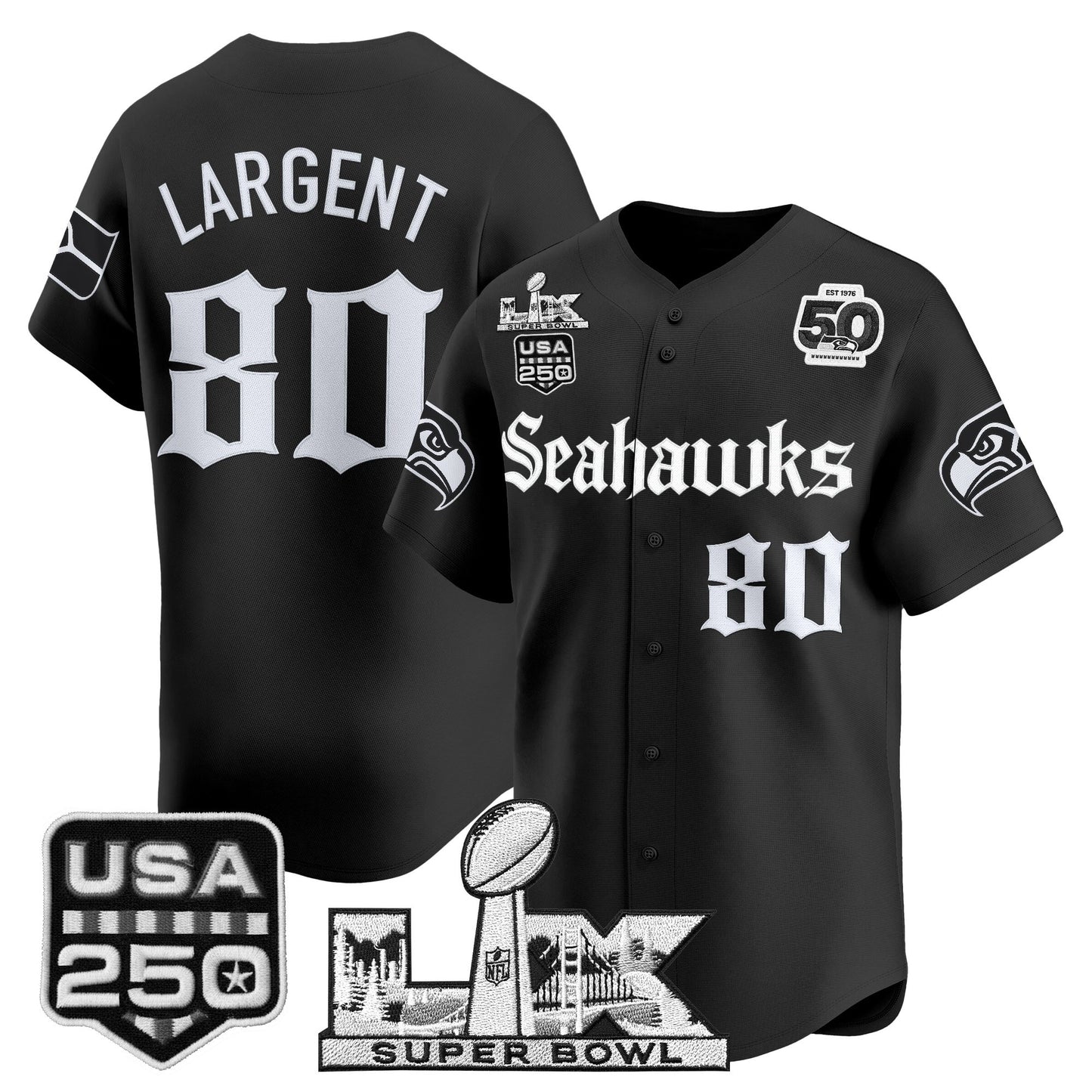 Seattle Seahawks “Super Bowl LX & 50th Patch” Vapor Baseball Jersey - Gothic Edition - Stitched