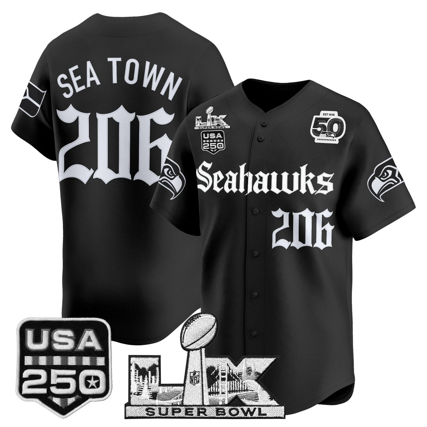 Seattle Seahawks “Super Bowl LX & 50th Patch” Vapor Baseball Jersey - Gothic Edition - Stitched