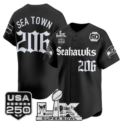 Seattle Seahawks “Super Bowl LX & 50th Patch” Vapor Baseball Jersey - Gothic Edition - Stitched