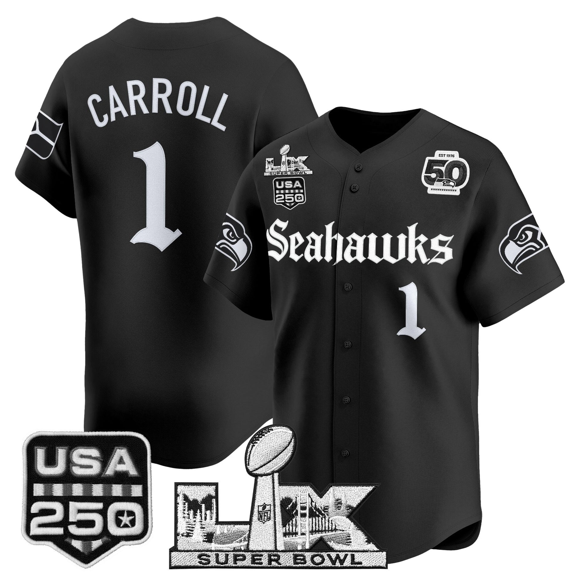 Seattle Seahawks “Super Bowl LX & 50th Patch” Vapor Baseball Jersey - Gothic Edition - Stitched