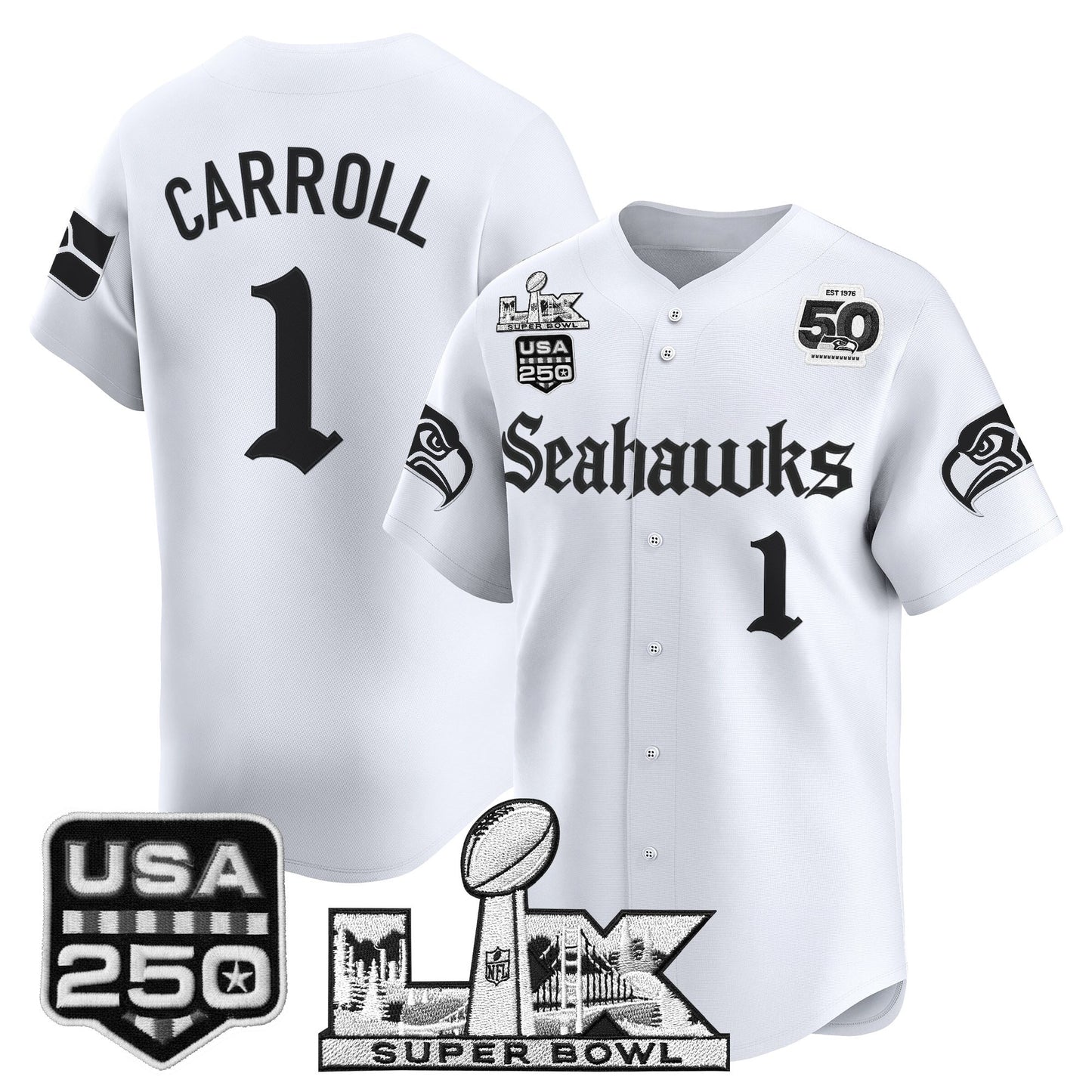 Seattle Seahawks “Super Bowl LX & 50th Patch” Vapor Baseball Jersey - Gothic Edition - Stitched