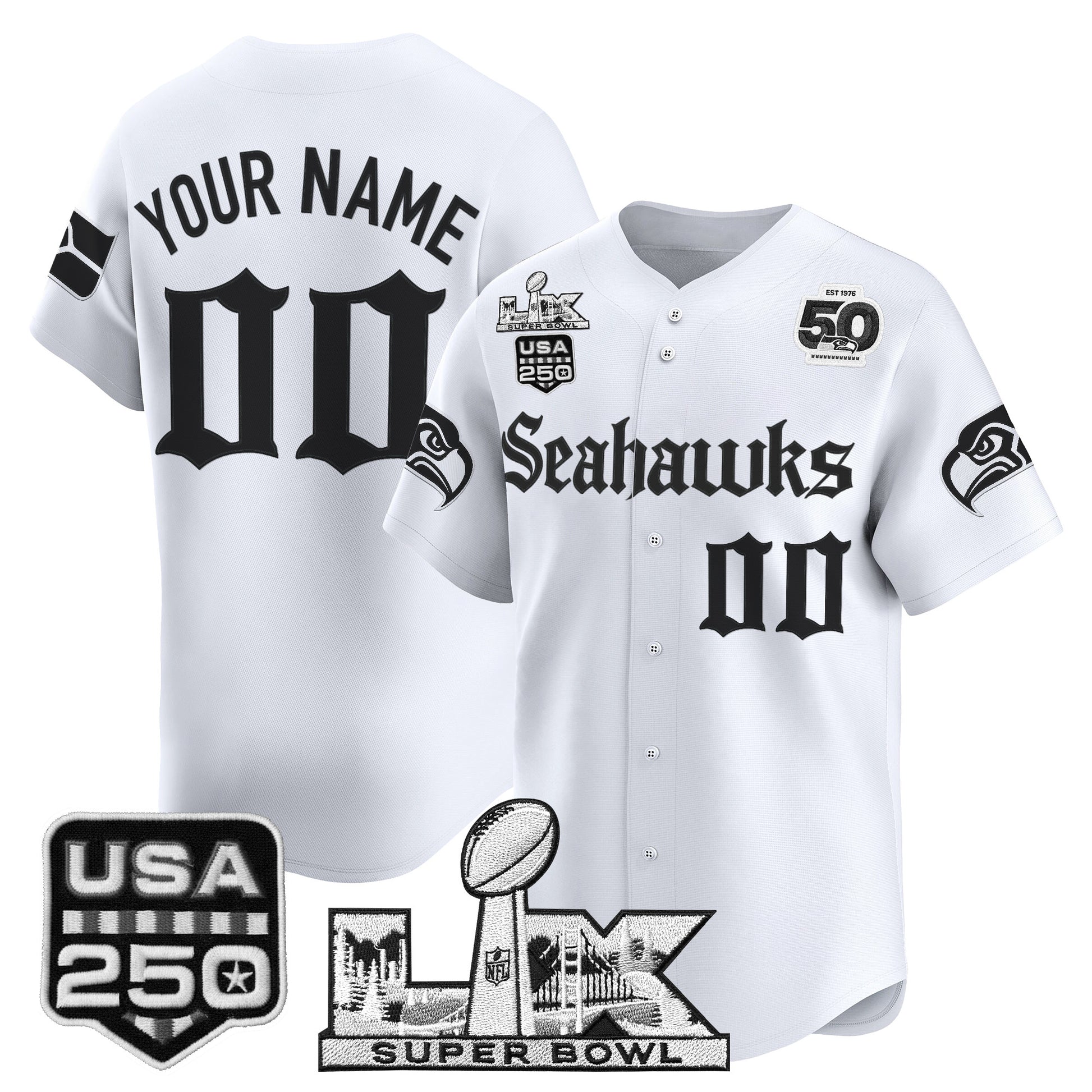 Seattle Seahawks “Super Bowl LX & 50th Patch” Vapor Baseball Custom Jersey - Gothic Edition - Stitched