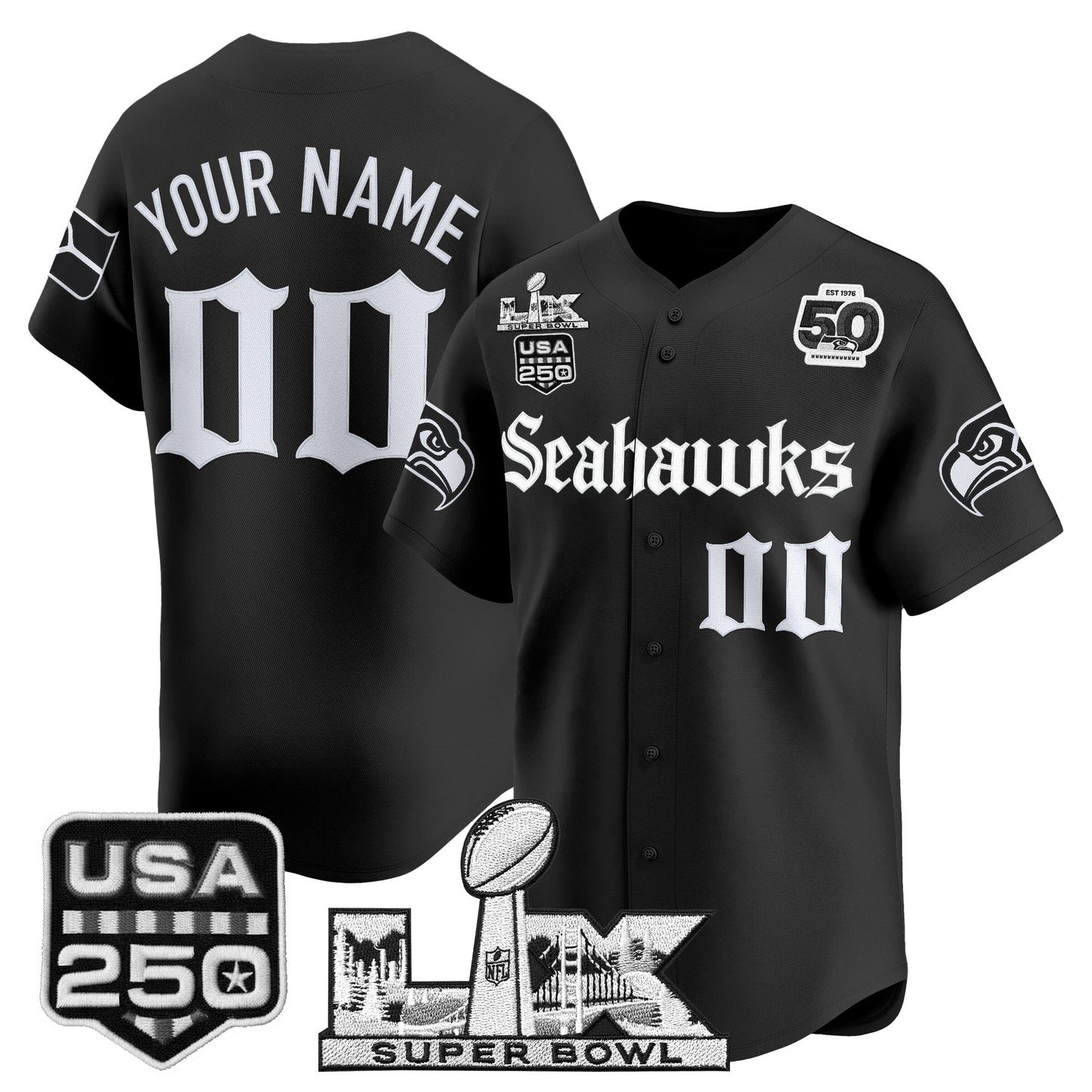 Seattle Seahawks “Super Bowl LX & 50th Patch” Vapor Baseball Custom Jersey - Gothic Edition - Stitched