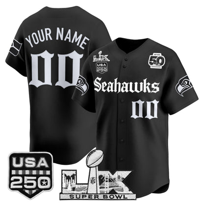 Seattle Seahawks “Super Bowl LX & 50th Patch” Vapor Baseball Custom Jersey - Gothic Edition - Stitched