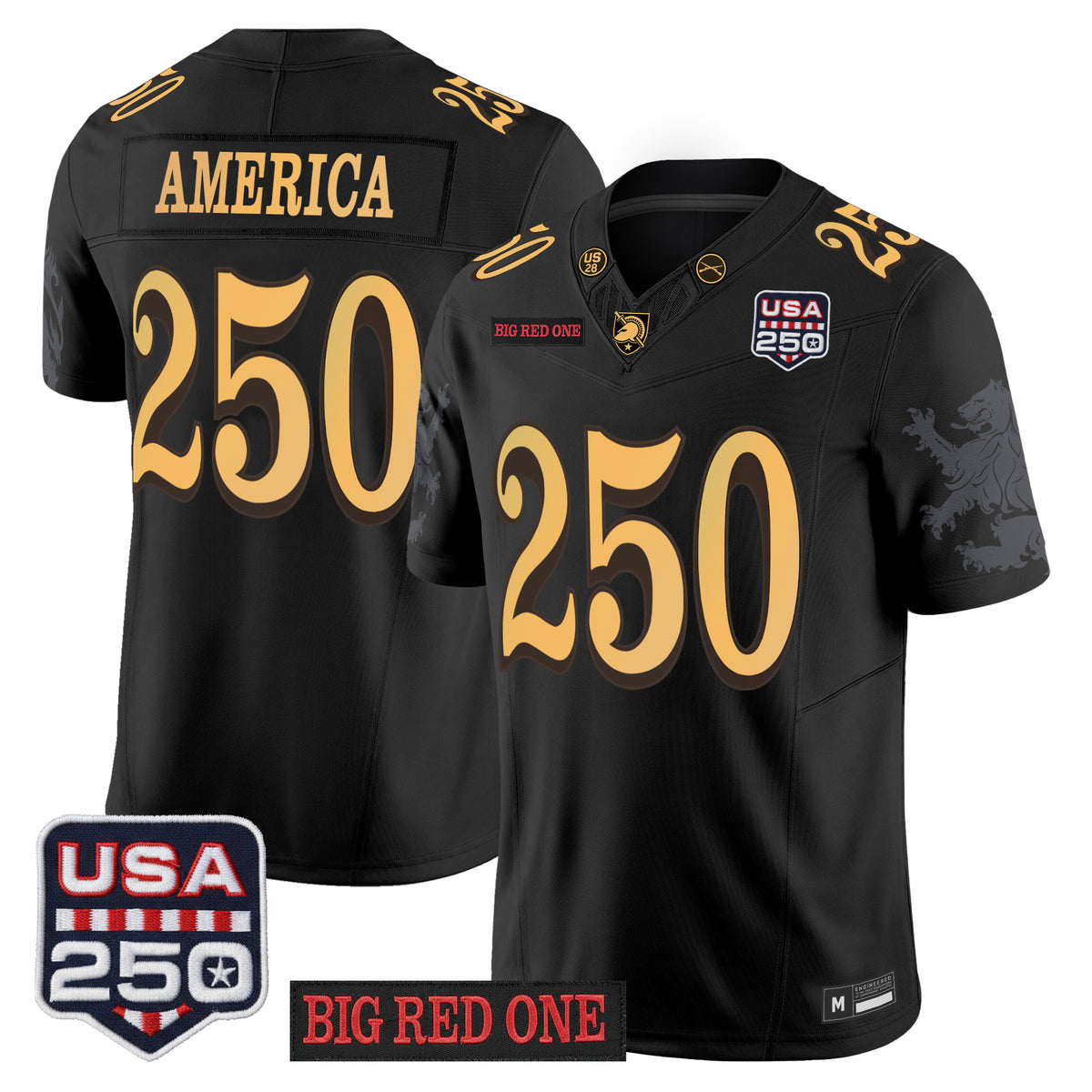 Army Black Knights Big Red One & USA 250 Patch Vapor Jersey - Stitched Numbers/Patches - Black Lion Graphic Sleeves