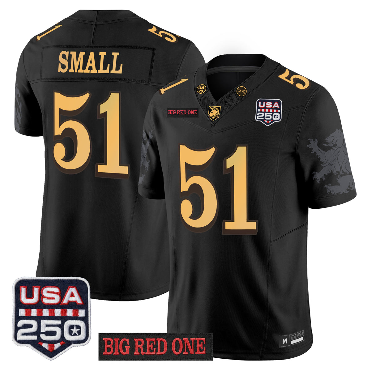 Army Black Knights Big Red One & USA 250 Patch Vapor Jersey - Stitched Numbers/Patches - Black Lion Graphic Sleeves