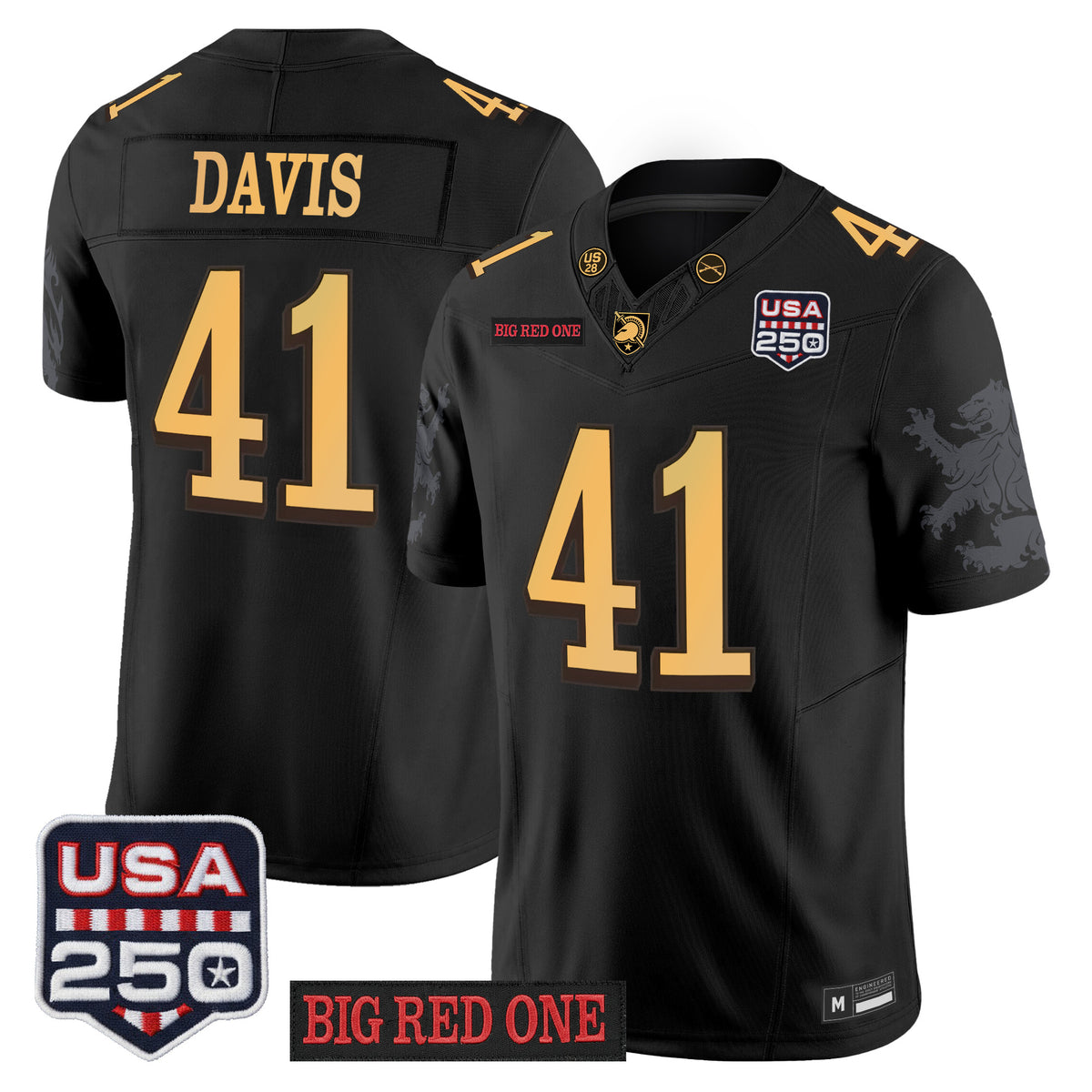 Army Black Knights Big Red One & USA 250 Patch Vapor Jersey - Stitched Numbers/Patches - Black Lion Graphic Sleeves