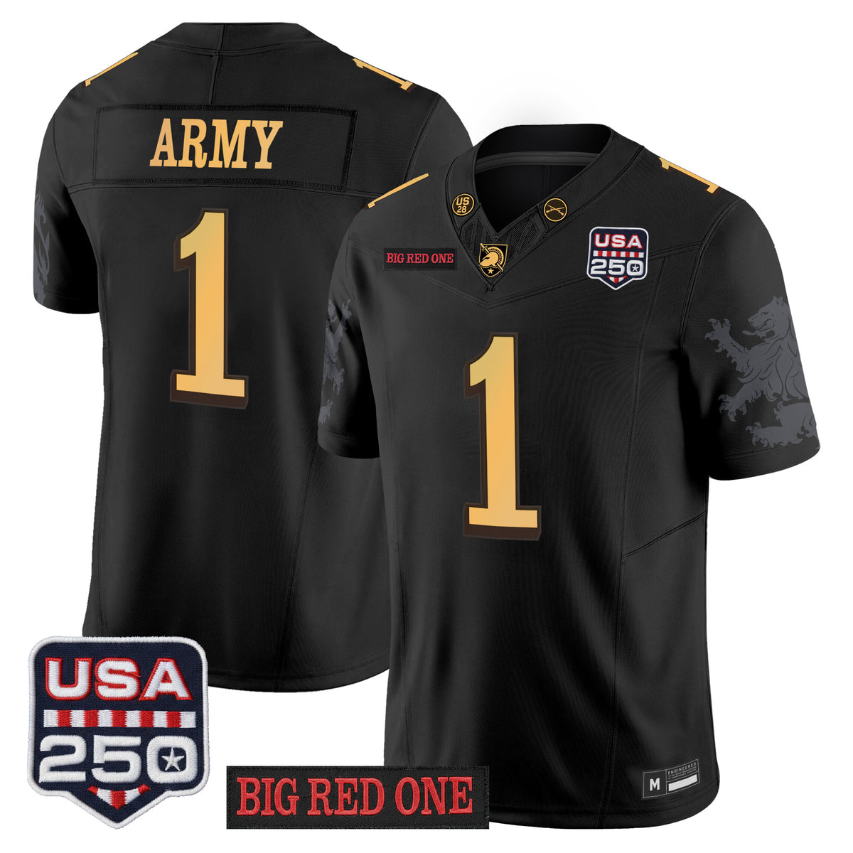 Army Black Knights Big Red One & USA 250 Patch Vapor Jersey - Stitched Numbers/Patches - Black Lion Graphic Sleeves