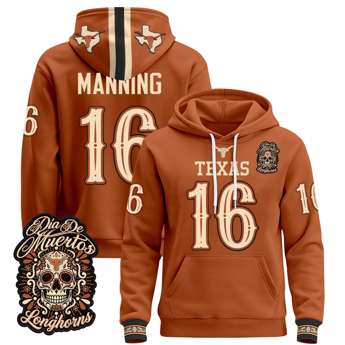  Texas Longhorns Día de los Muertos Premium Fleece Hoodie - Printed 