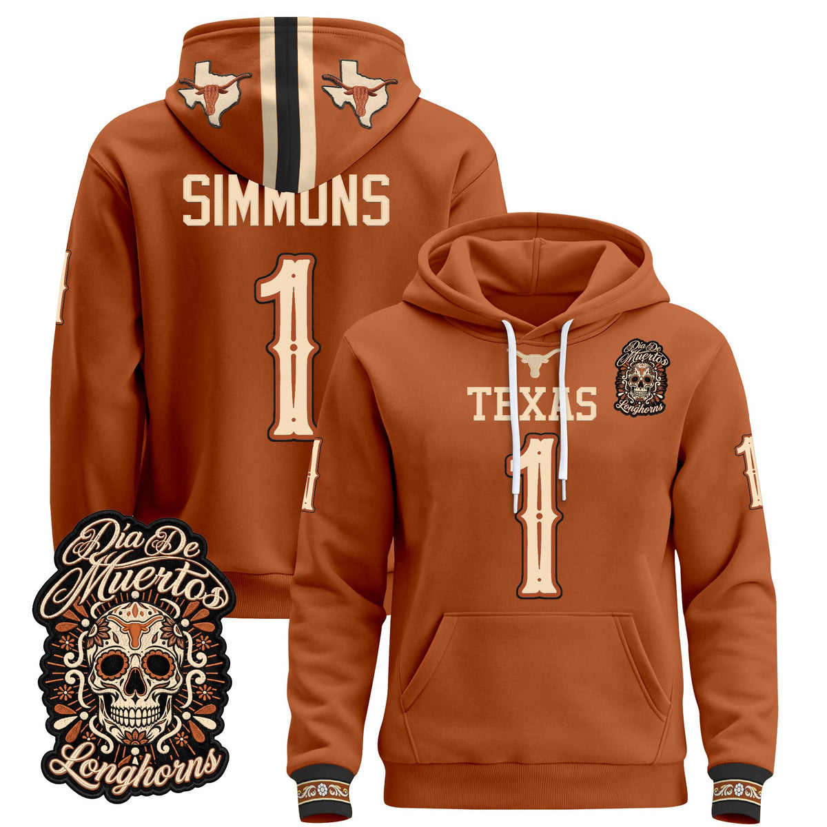  Texas Longhorns Día de los Muertos Premium Fleece Hoodie - Printed 