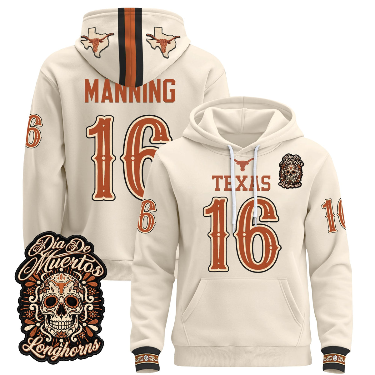  Texas Longhorns Día de los Muertos Premium Fleece Hoodie - Printed 