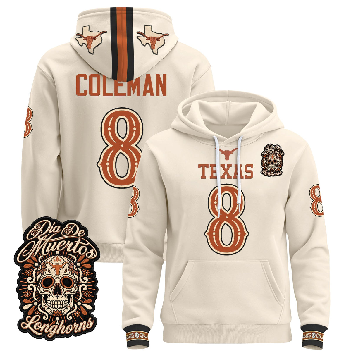  Texas Longhorns Día de los Muertos Premium Fleece Hoodie - Printed 