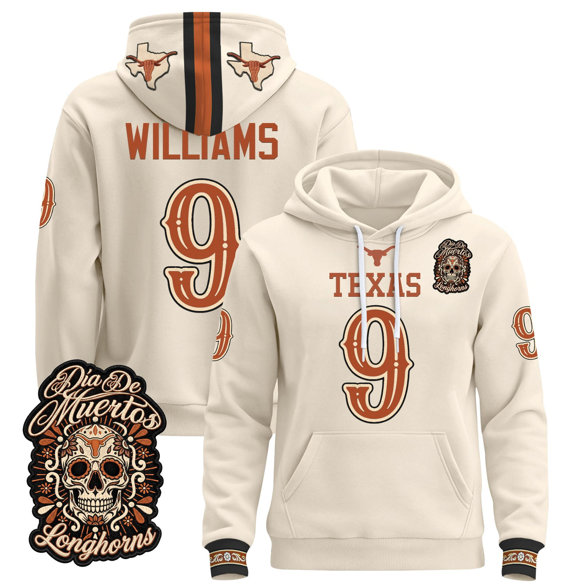  Texas Longhorns Día de los Muertos Premium Fleece Hoodie - Printed 