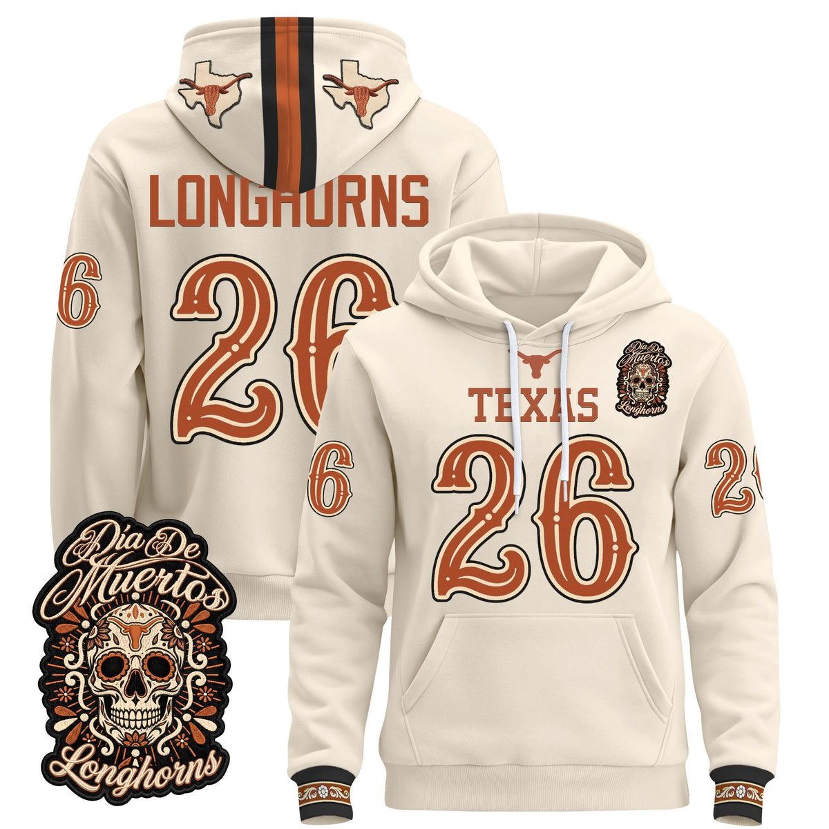  Texas Longhorns Día de los Muertos Premium Fleece Hoodie - Printed 