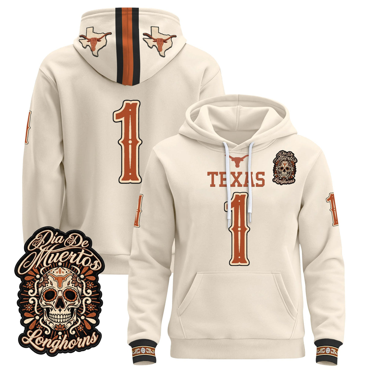  Texas Longhorns Día de los Muertos Premium Fleece Hoodie - Printed 