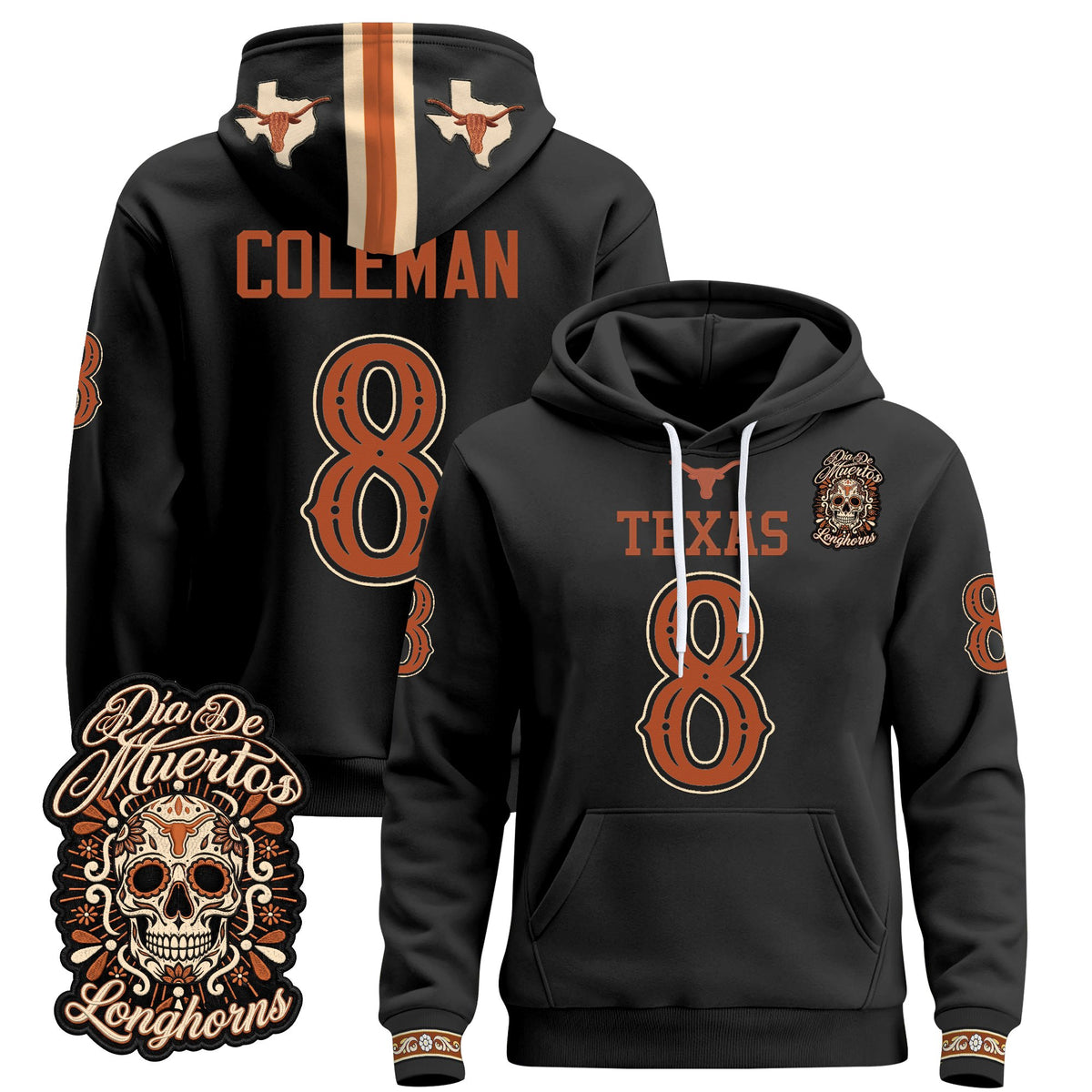  Texas Longhorns Día de los Muertos Premium Fleece Hoodie - Printed 