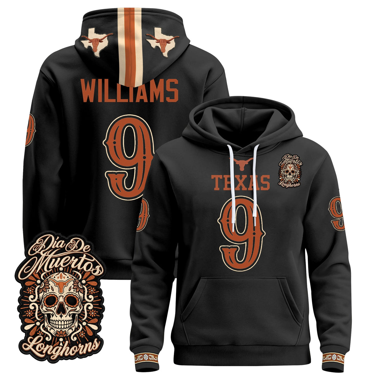  Texas Longhorns Día de los Muertos Premium Fleece Hoodie - Printed 