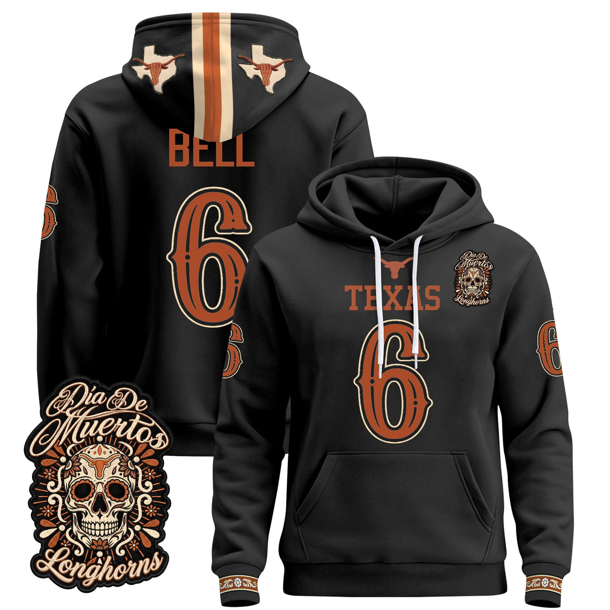  Texas Longhorns Día de los Muertos Premium Fleece Hoodie - Printed 