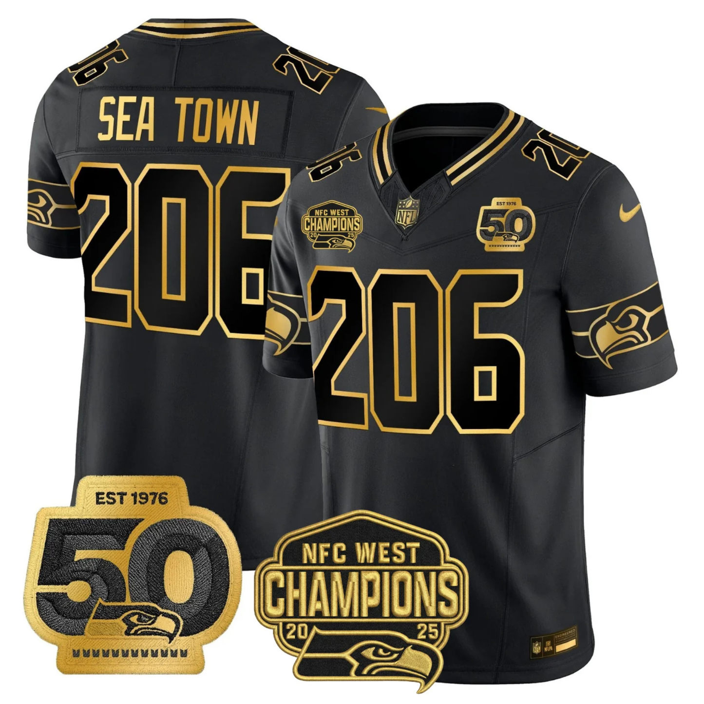 SEA 50th & NFC West Champions Patch Patch Gold Vapor Limited Jersey - All Stitched