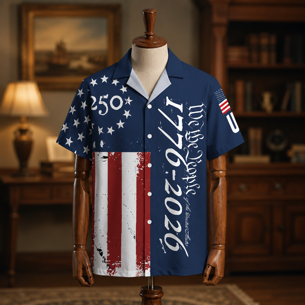 America 250th Anniversary Toile De Jouy Style Patriotic Hawaiian Shirt
