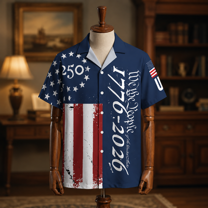 America 250th Anniversary Toile De Jouy Style Patriotic Hawaiian Shirt