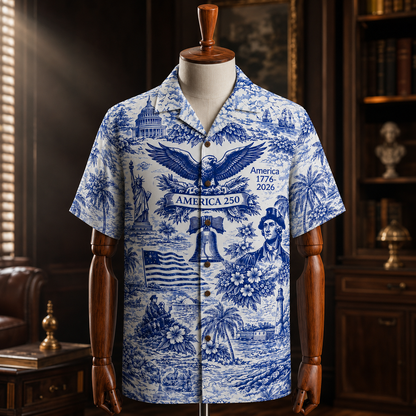 America 250th Anniversary Toile De Jouy Style Patriotic Hawaiian Shirt
