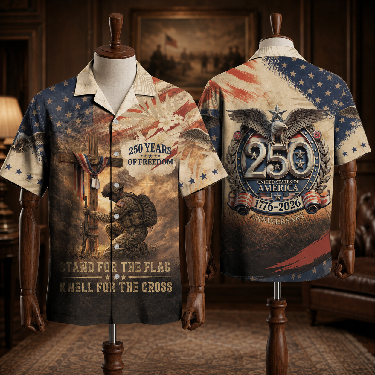 America 250th Anniversary Toile De Jouy Style Patriotic Hawaiian Shirt